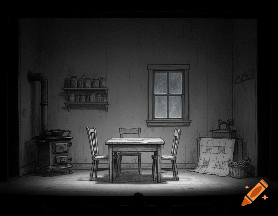Pencil sketch of a rustic farmhouse kitchen theater stage set, with a wooden table, chairs, stove, and window.