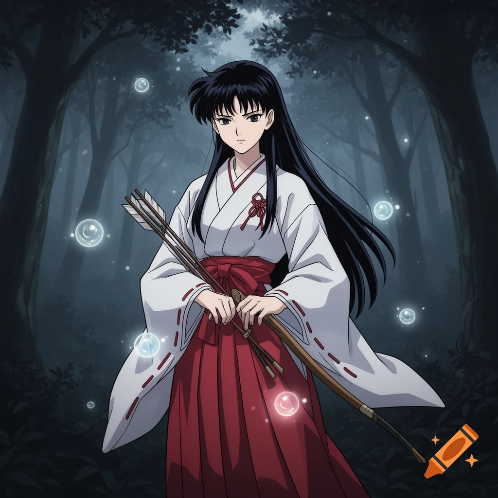 Anime character Kikyo in a miko outfit holds a bow and arrows, standing in a dark, mystical forest with glowing orbs.