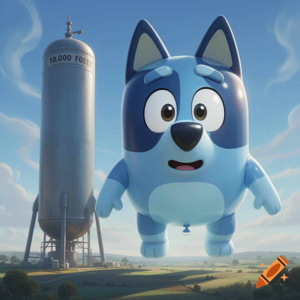 An inflated Bluey cartoon dog floats above a landscape, next to a tall grey tank, under a blue sky.