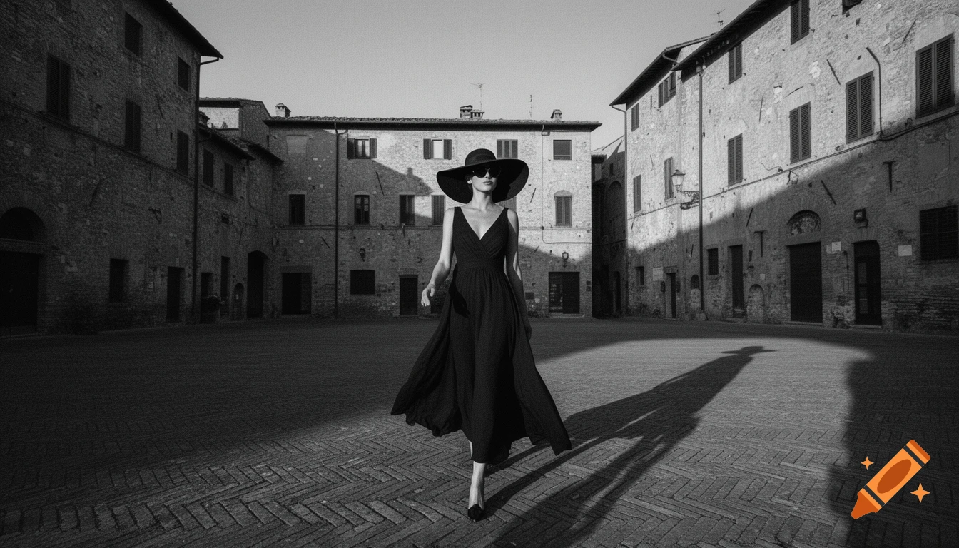 A woman in an elegant black dress, wide-brimmed hat, and sunglasses walks across a sunlit, cobblestone medieval square, black and white.