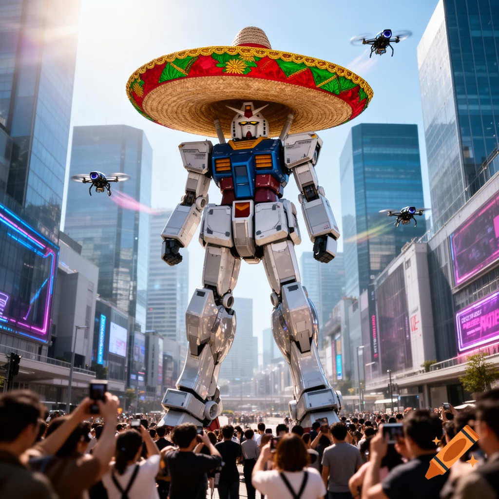 A giant photorealistic Gundam robot wearing a sombrero stands in a busy city street with a crowd of people looking up, drones flying overhead.