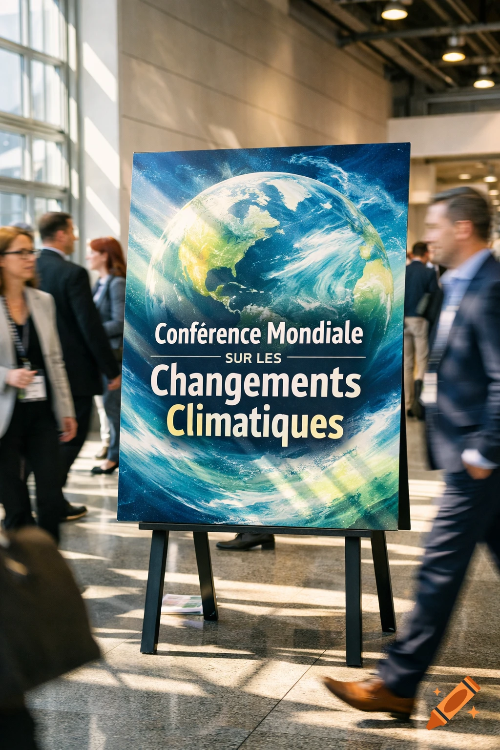 Photorealistic image of a 'World Conference on Climate Change' poster with a globe design, surrounded by blurred people in a modern convention center.