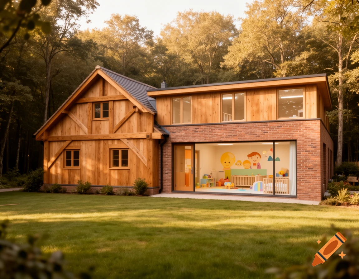 A friendly, two-story timber-frame house with a modern brick addition that houses a mini kindergarten, surrounded by a green yard and a dense forest under soft, warm light.