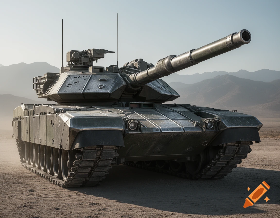 A detailed, photorealistic military tank stands on a sandy desert plain with mountains in the background under a clear sky.
