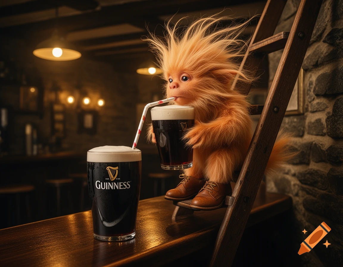 A small, fluffy orange creature with wild hair and shoes drinks Guinness with a straw from a large glass on a pub bar.