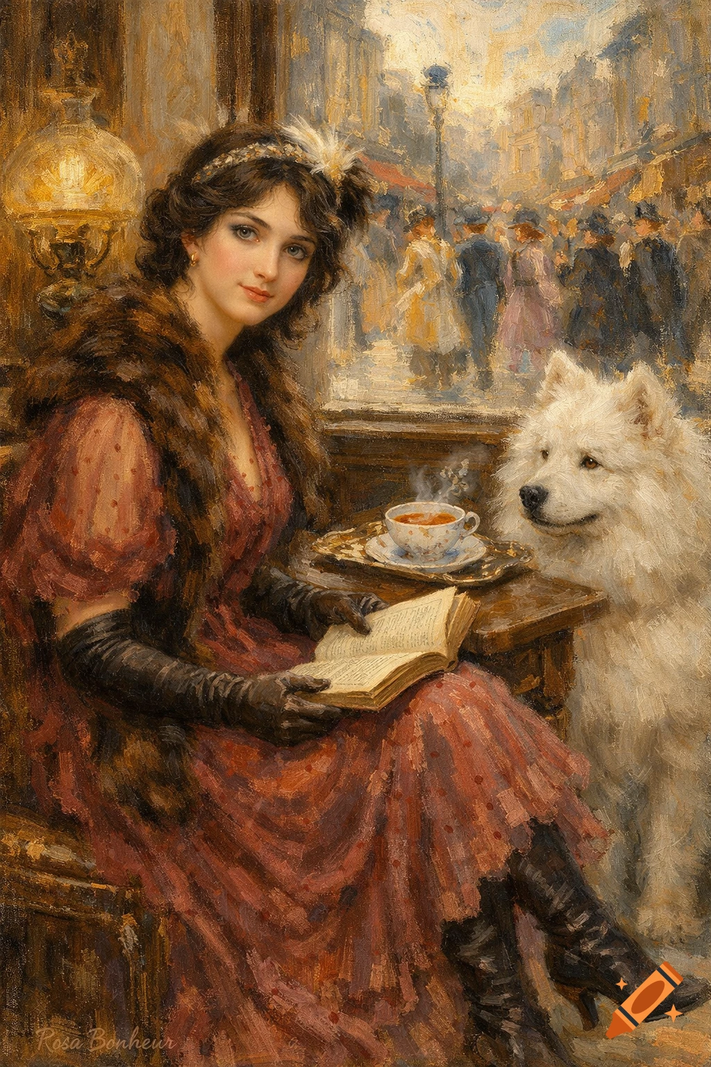 Impressionist painting of a Victorian woman reading a book in a cafe with a white Samoyed dog.