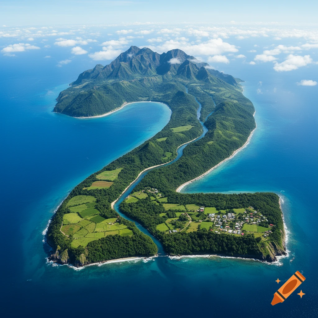 An aerial view of a lush green island shaped like the number 2, surrounded by deep blue ocean under a clear sky.