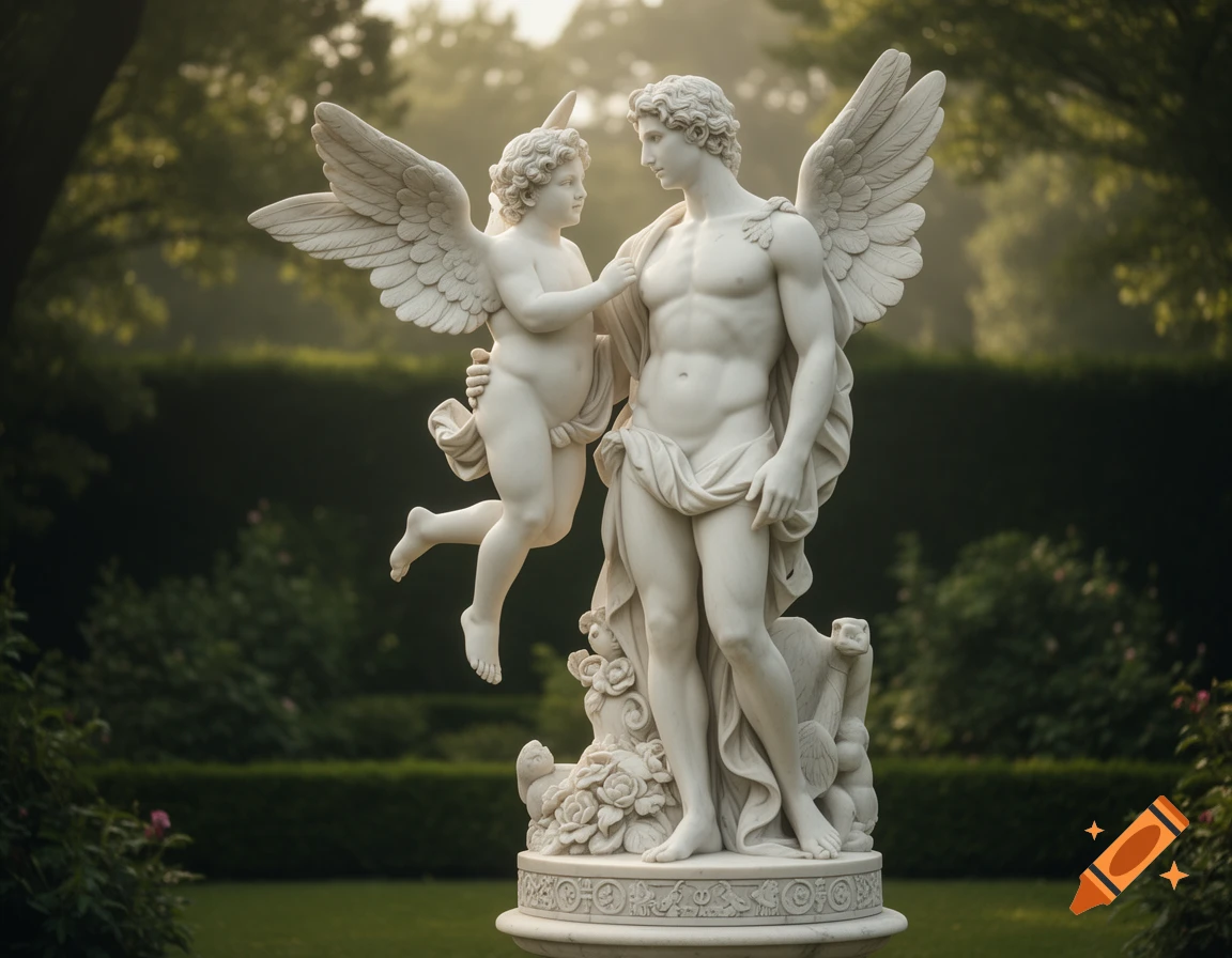 A white marble statue depicting a winged man and a winged cherubic figure in a lush garden setting.