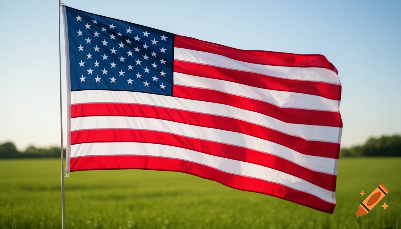 The American flag waves proudly against a clear blue sky over a green field in a photorealistic style.