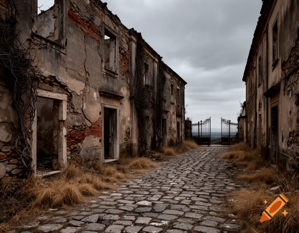 A photorealistic image of a cobblestone path between abandoned, crumbling stone buildings, leading to open iron gates under a cloudy sky.