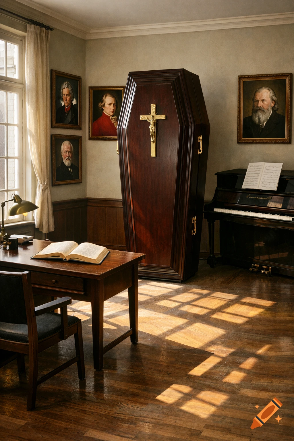 A dimly lit office features a large wooden coffin, portraits of composers, a desk with an open book, and a piano, with sunlight streaming in.