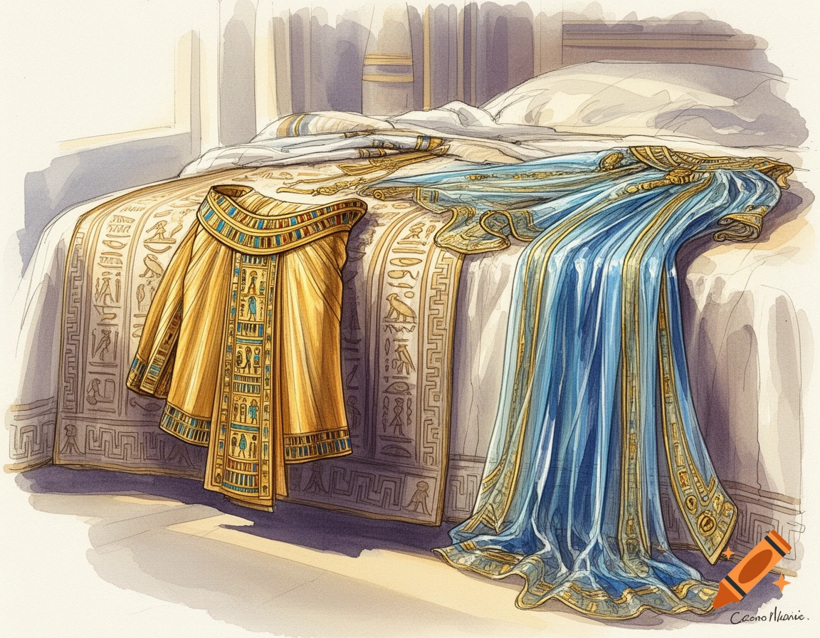 Watercolor illustration of ancient Egyptian robes in gold and blue draped on a bed adorned with hieroglyphic patterns.