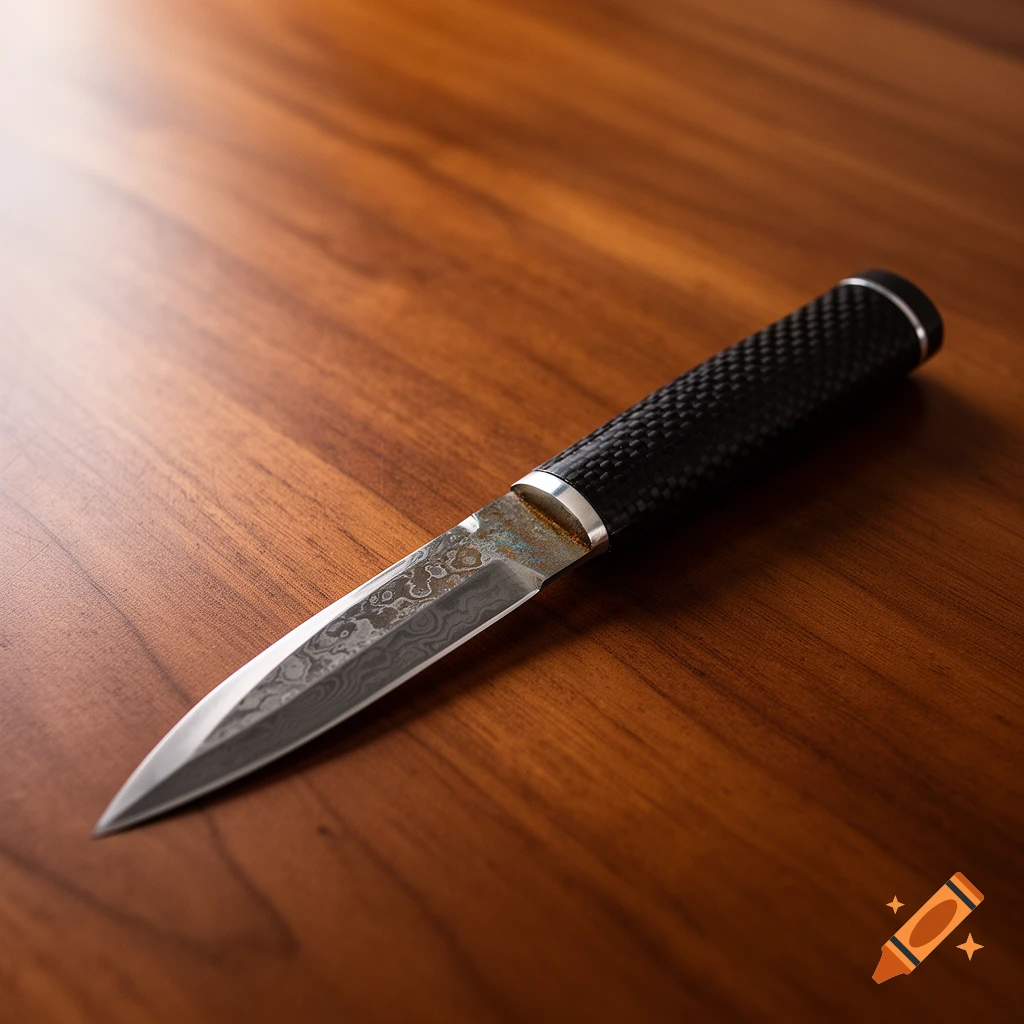 A close-up, top-down shot of a kiridashi knife with a black textured handle and a patterned steel blade, resting on a polished wooden table.