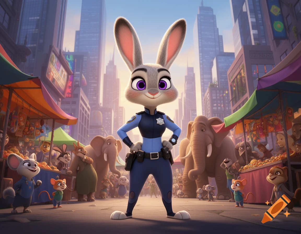 Judy Hopps in her police uniform stands with hands on hips in a bustling Zootopia city market filled with other anthropomorphic animals and tall buildings.