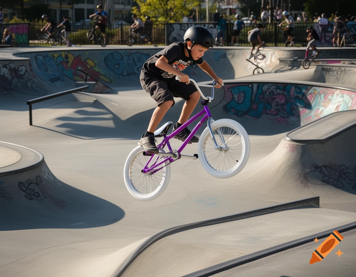 A boy in a black helmet jumps a purple BMX bike in a concrete skate park with graffiti-covered ramps.