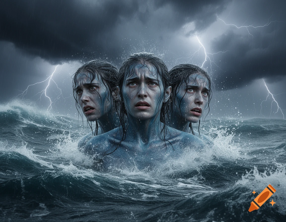 Three fear-stricken, blue-skinned figures emerge from stormy ocean waves under a lightning-filled sky.