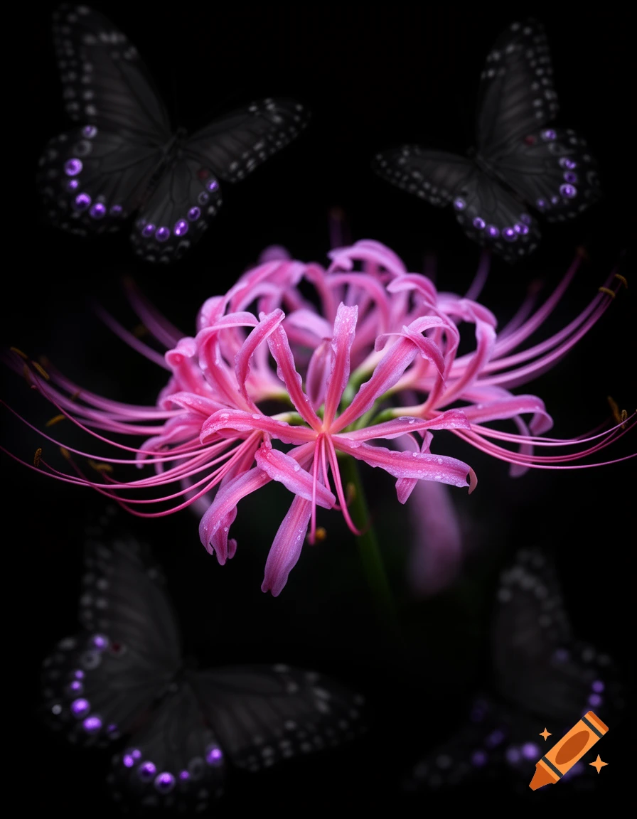 Vibrant pink spider lily with long tendrils on a black background, surrounded by four black butterflies with glowing purple accents.