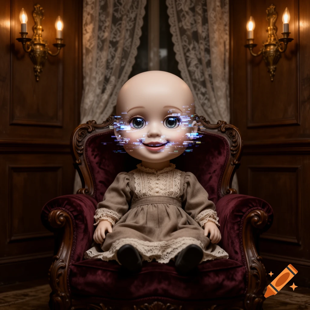 Uncanny bald doll with glitched eyes and mouth, sitting in a maroon velvet armchair in an ornate room.