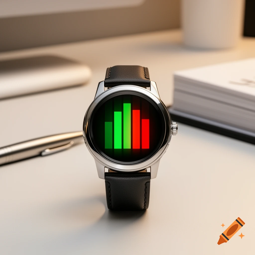 A photorealistic close-up of a silver smartwatch with a black leather band on a desk, displaying a red and green bar graph.