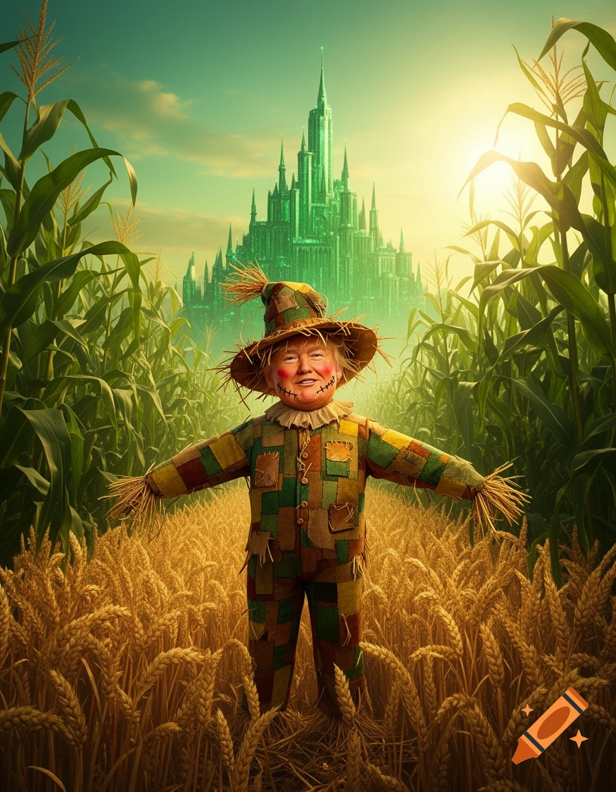 Donald Trump's face on a scarecrow in a patched outfit, standing in a wheat field with cornstalks, the glowing Emerald City in the background.