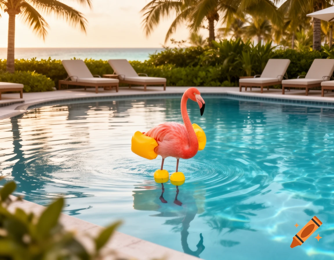 A pink flamingo wearing yellow floaties swims in a bright blue resort pool at sunset with palm trees and the ocean in the background.