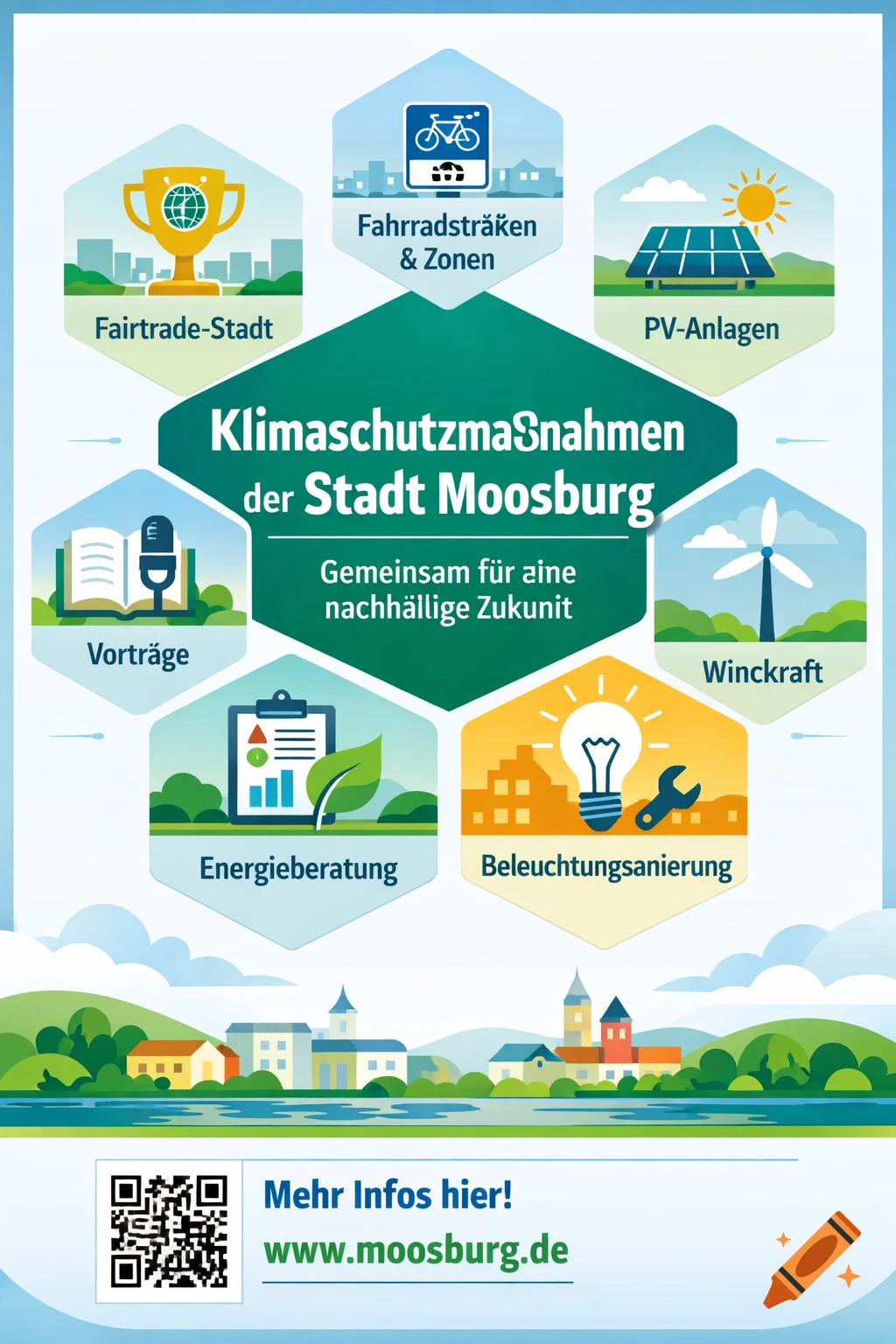 Modern infographic about climate protection measures in Moosburg, Germany, showing six hexagonal icons with text and illustrations of topics like fair trade, bike paths, solar panels, lectures, energy consulting, and wind power, with a QR code and website at the bottom.