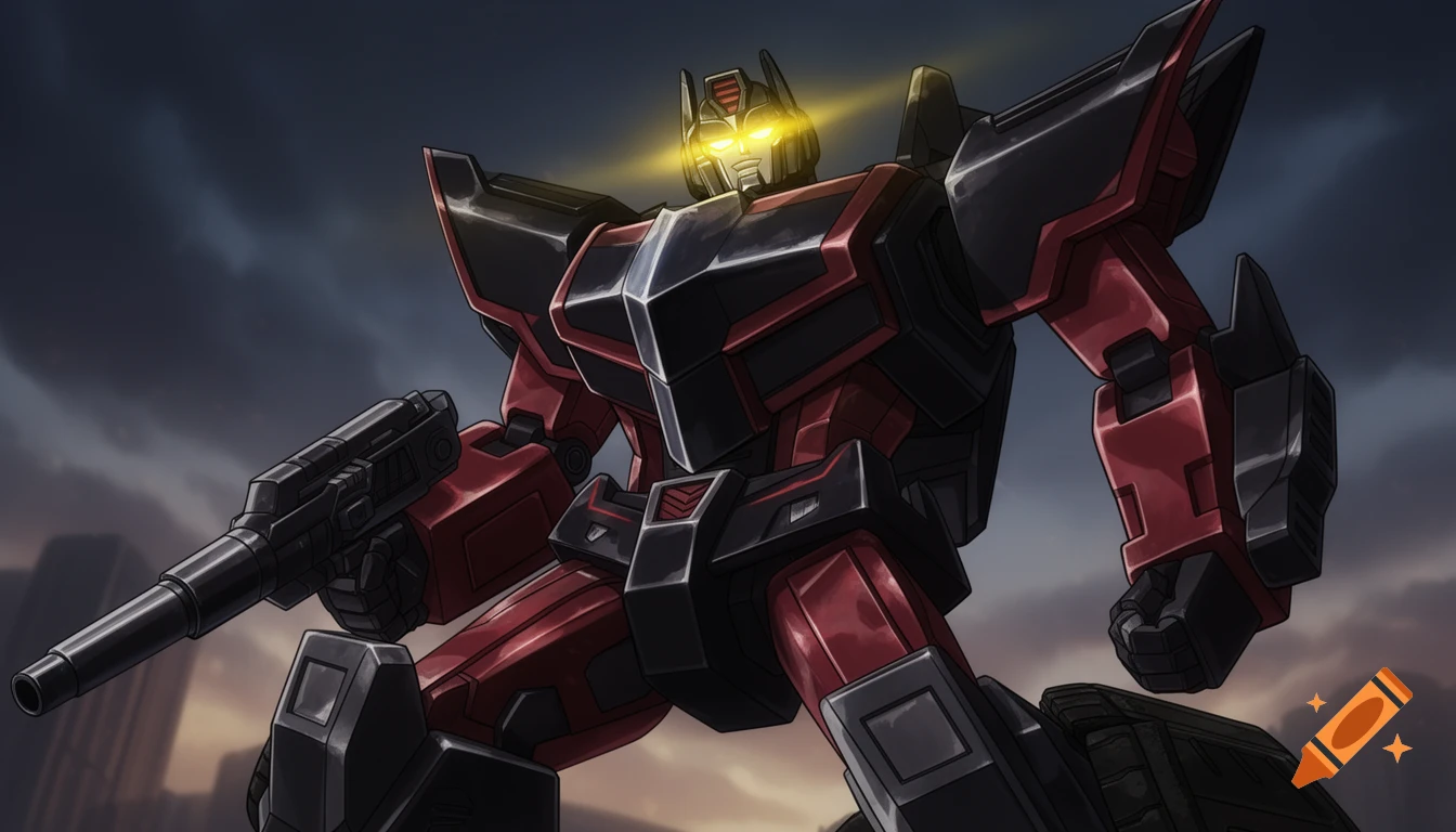 An anime-style Transformer robot, predominantly red and black, with glowing yellow eyes, holding a blaster, stands dynamically against a dark, cloudy sky.