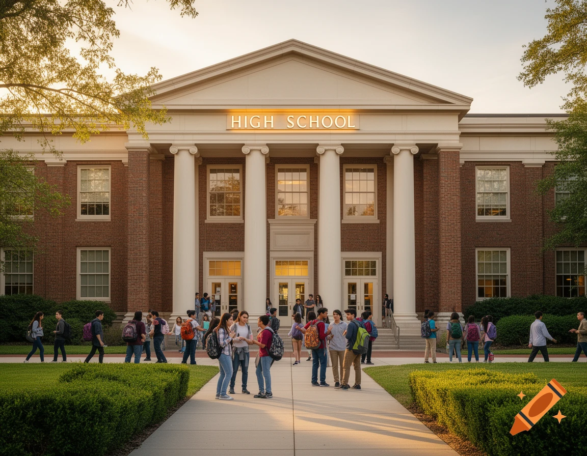 Photorealistic image of students walking and gathering outside a classical brick high school building with white columns and "HIGH SCHOOL" sign.