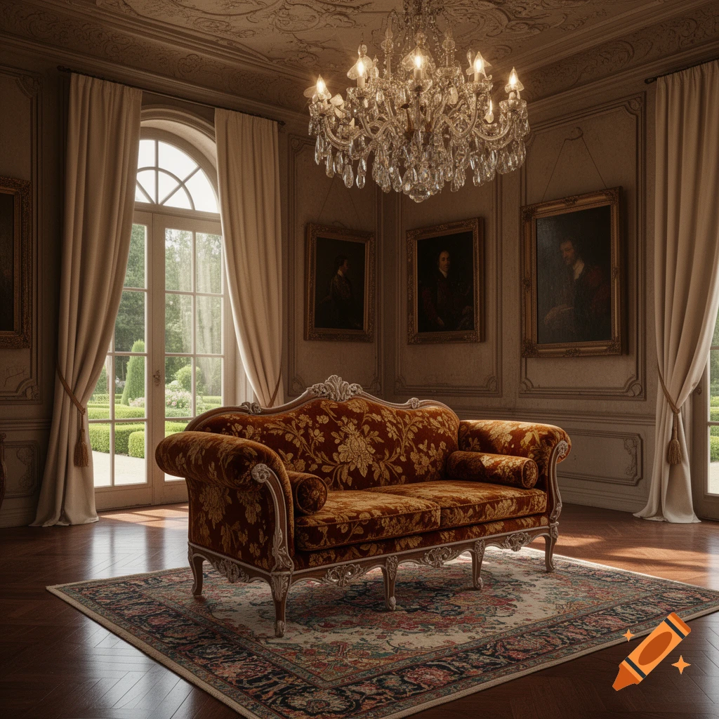 A lavish baroque-style living room featuring an ornate red and gold sofa, crystal chandelier, and large arched window to a garden.