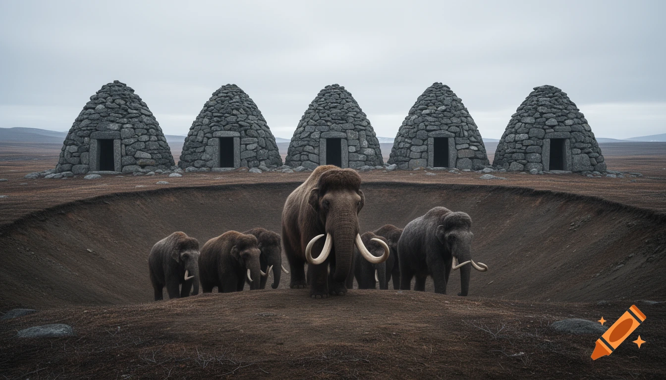 Photorealistic image of woolly mammoths in an earthen depression with conical stone structures on a windswept tundra under an overcast sky.