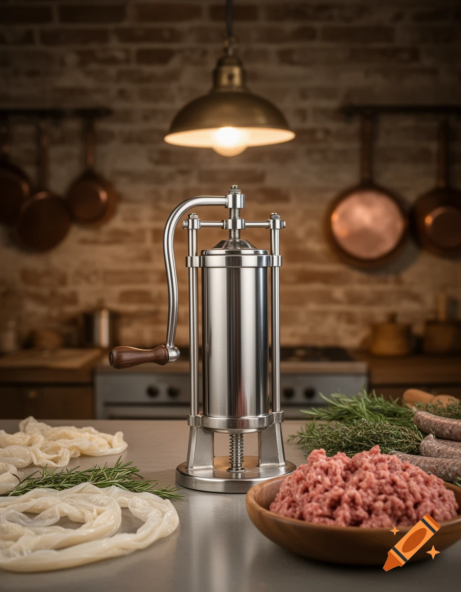 A stainless steel sausage stuffer on a kitchen counter with ground meat, casings, and rosemary, under a brass lamp.