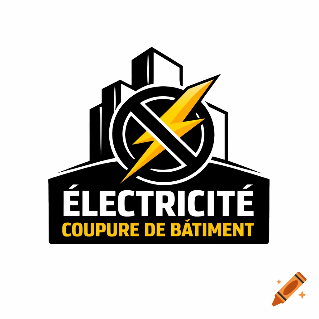 A black, white, and yellow logo for " LECTRICIT COUPURE DE B TIMENT" featuring a crossed-out lightning bolt over silhouetted buildings.