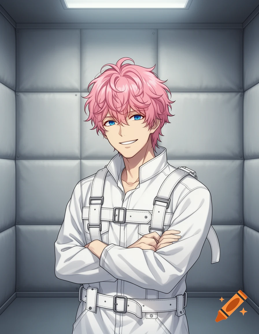 Anime artwork of a smiling boy with pink hair and blue eyes, wearing a white straitjacket, standing in a padded room.