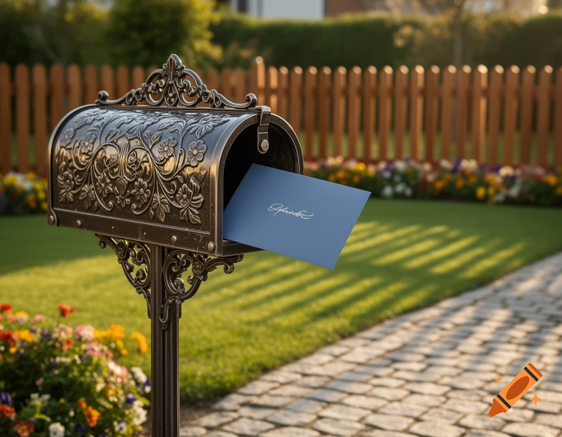 A decorative, antique-style mailbox with an open lid, revealing a blue envelope with elegant script text partially sticking out, set in a sunny garden with green grass and flowers.