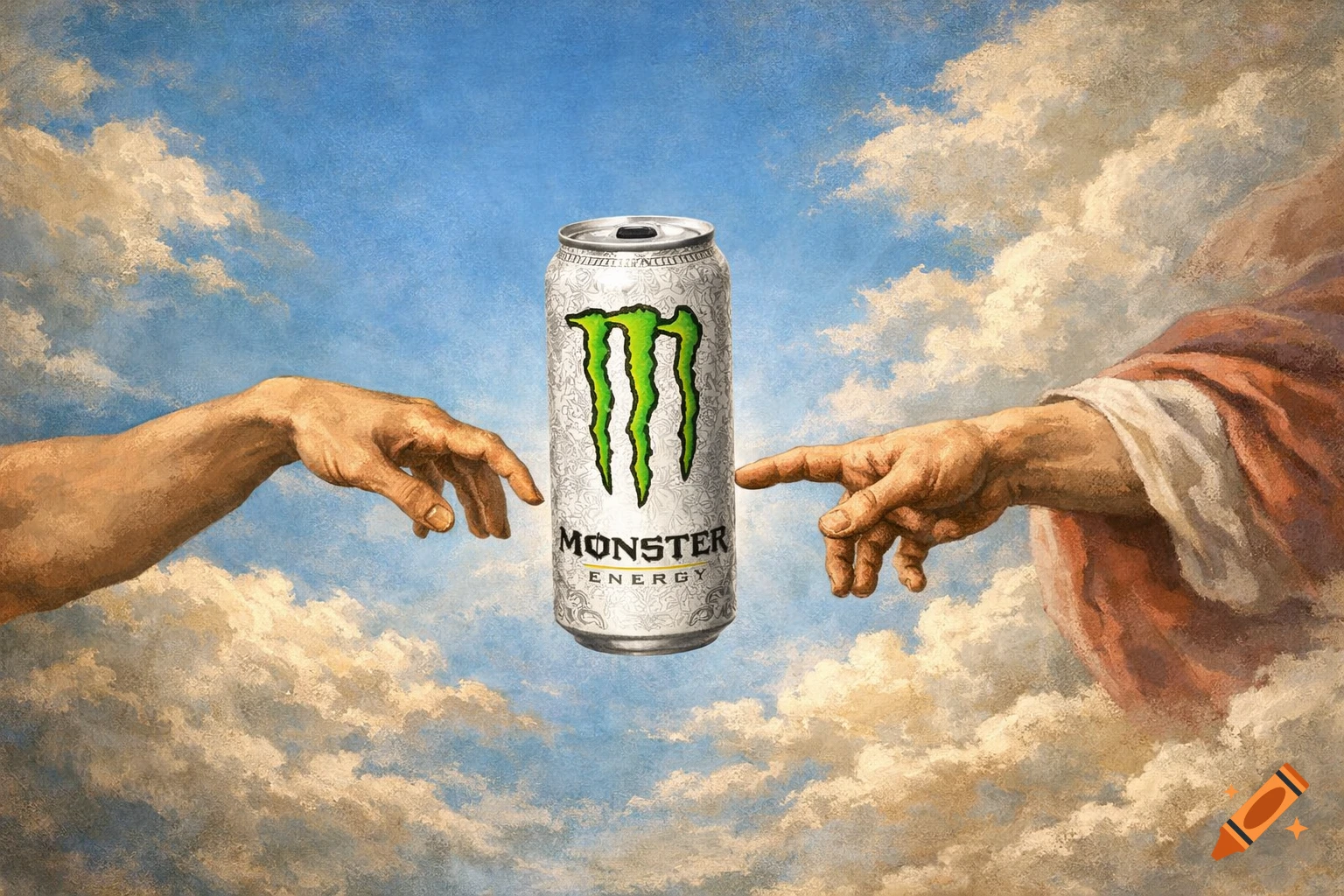 Two hands, like those in Michelangelo's Creation of Adam, reach towards a floating Monster Energy drink can in a painted style against a cloudy sky.