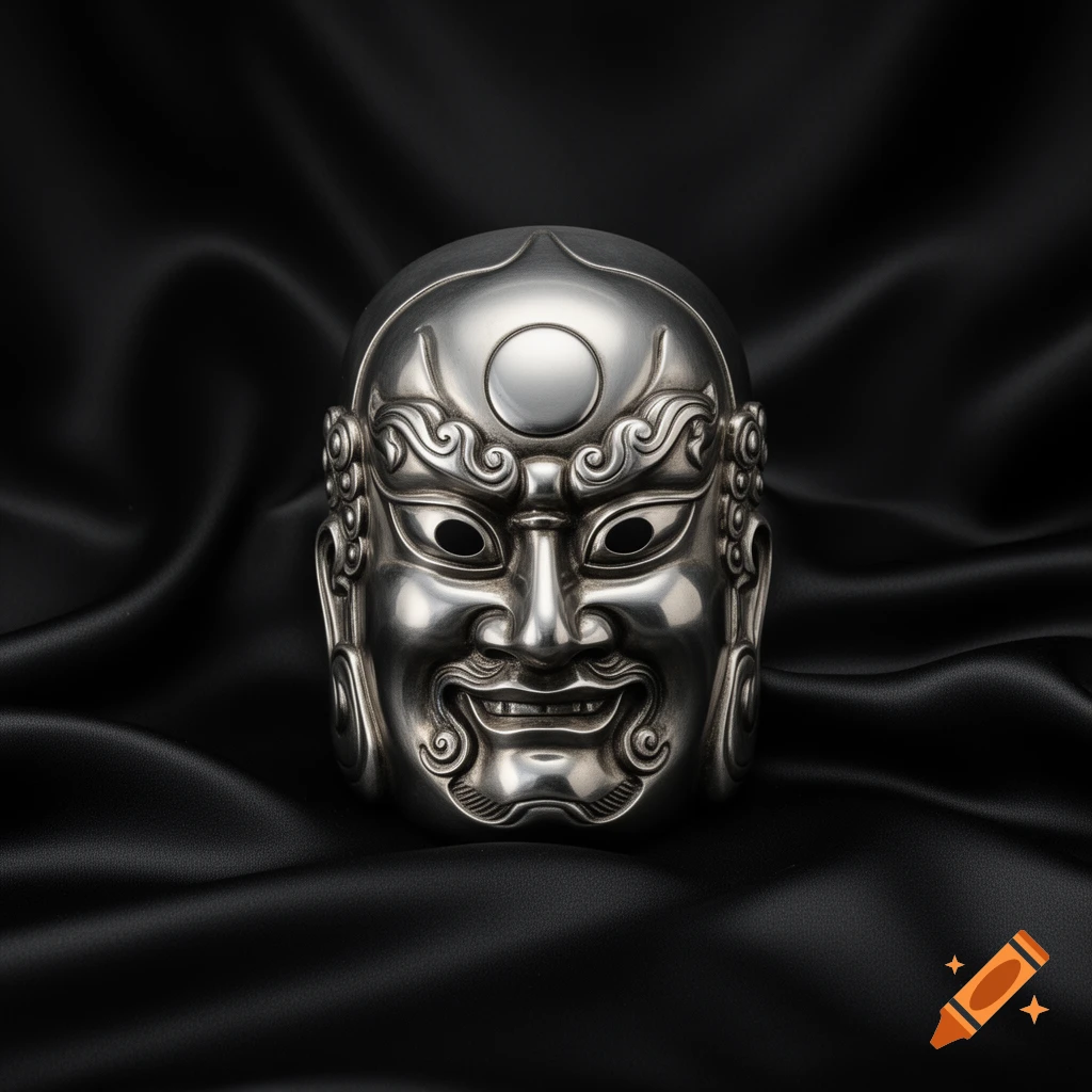 A detailed silver-toned ancient Chinese mask with intricate patterns and a smooth forehead spot rests on black silk.