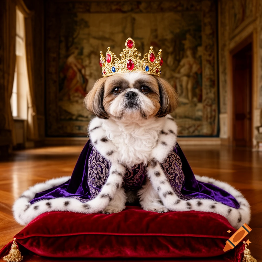 A photorealistic shih tzu dog, dressed as a king with a golden crown and purple robe, sits on a red cushion in a grand room.