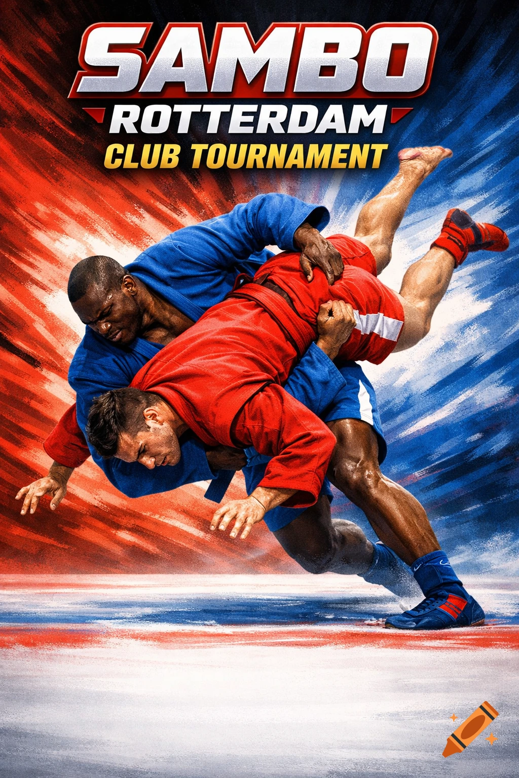 Two male Sambo fighters grappling, one in a blue uniform lifting another in a red uniform, against a red and blue brushstroke background. Text reads "SAMBO ROTTERDAM CLUB TOURNAMENT".