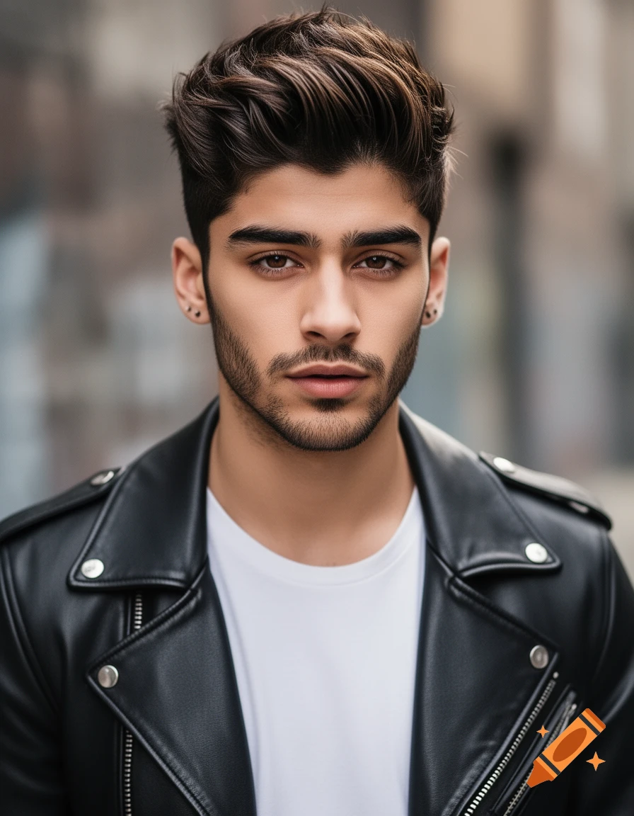 Close-up portrait of a young man with styled hair and a beard, wearing a black leather jacket and a white t-shirt, looking directly at the viewer.