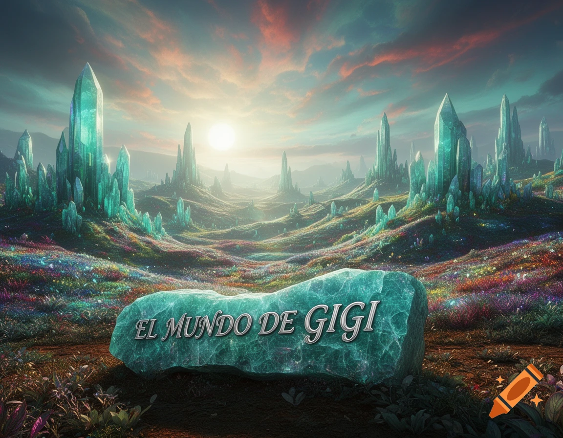 A fantasy landscape with a large crystal labeled 'EL MUNDO DE GIGI' and many smaller glowing crystals under a colorful sky.