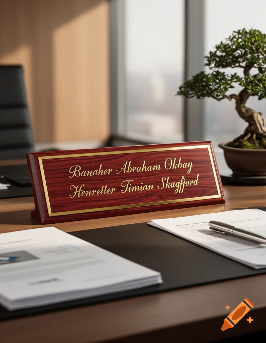 A photorealistic mahogany desk nameplate with gold text 'Banaher Abraham Okbay Henretter Timian Skagfjord' on an office desk with papers and a bonsai.