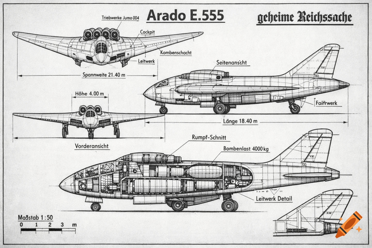 A detailed technical drawing of the Arado E.555 aircraft, showing top, front, side, and cutaway views with German labels and dimensions.