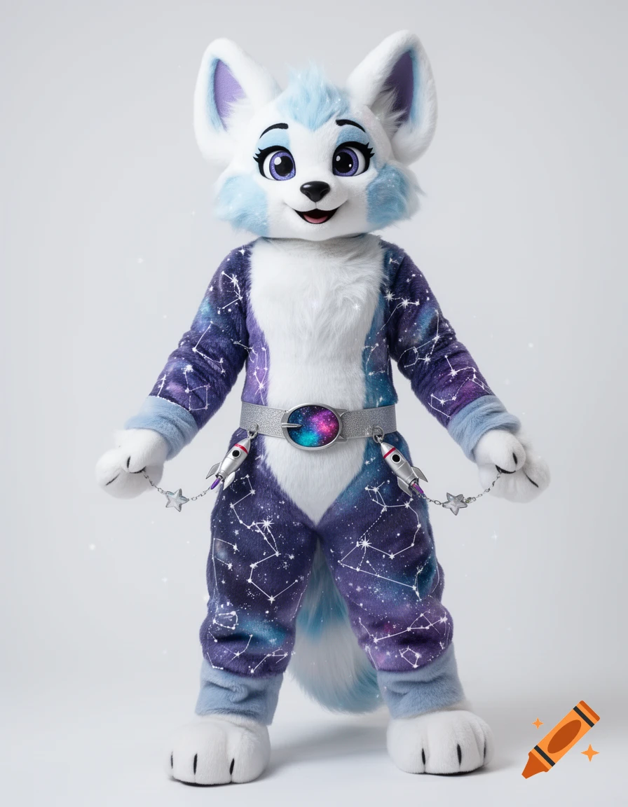 A cute white, light blue, and purple fursuit character with a space-themed belt and rocket-shaped chain details, standing against a white background.