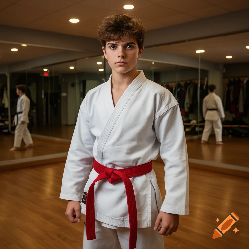 A young boy in a white karate gi with a red belt stands in a dojo with mirrors.