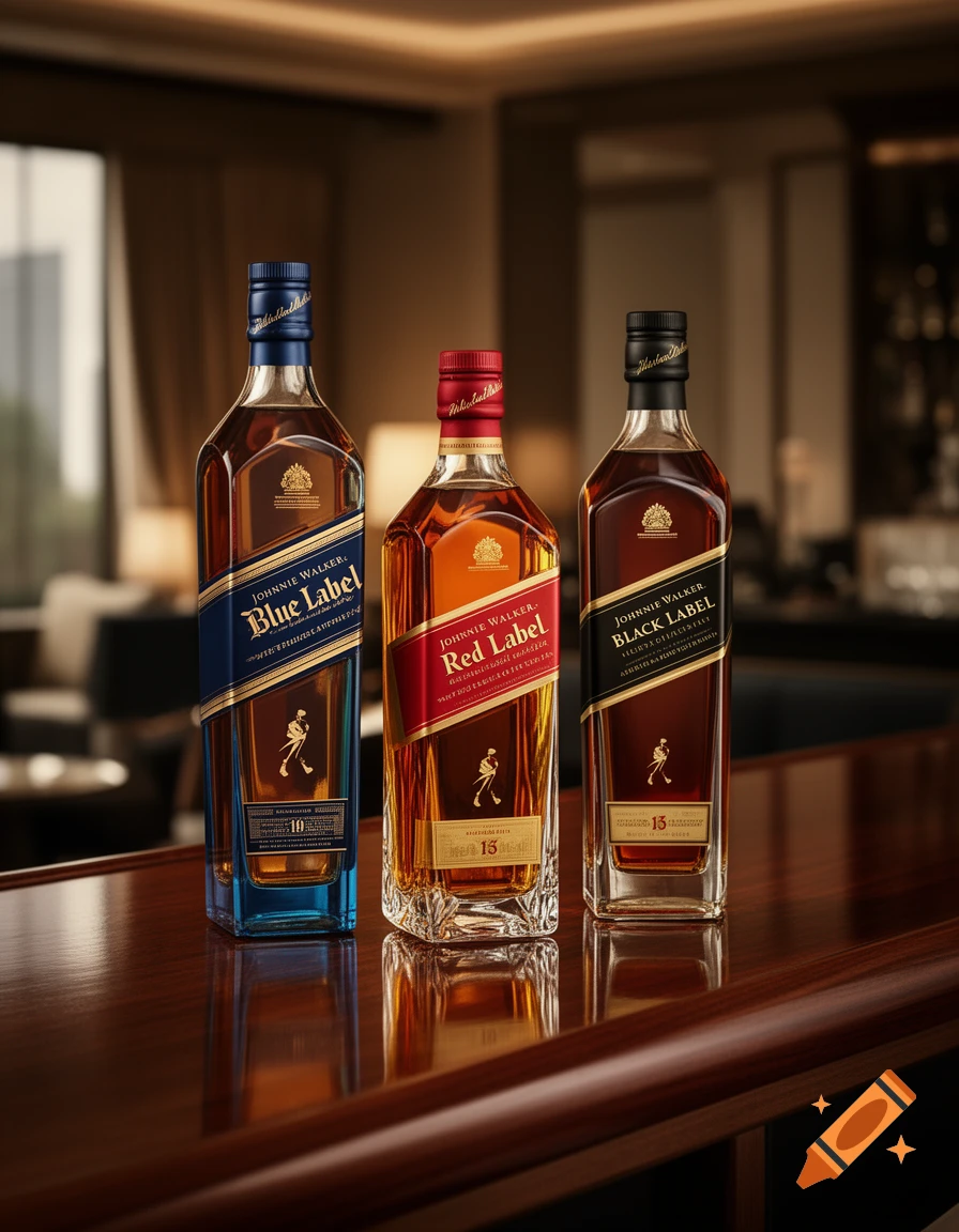 Three bottles of Johnnie Walker whisky, Blue Label, Red Label, and Black Label, standing on a wooden bar in a dimly lit setting.
