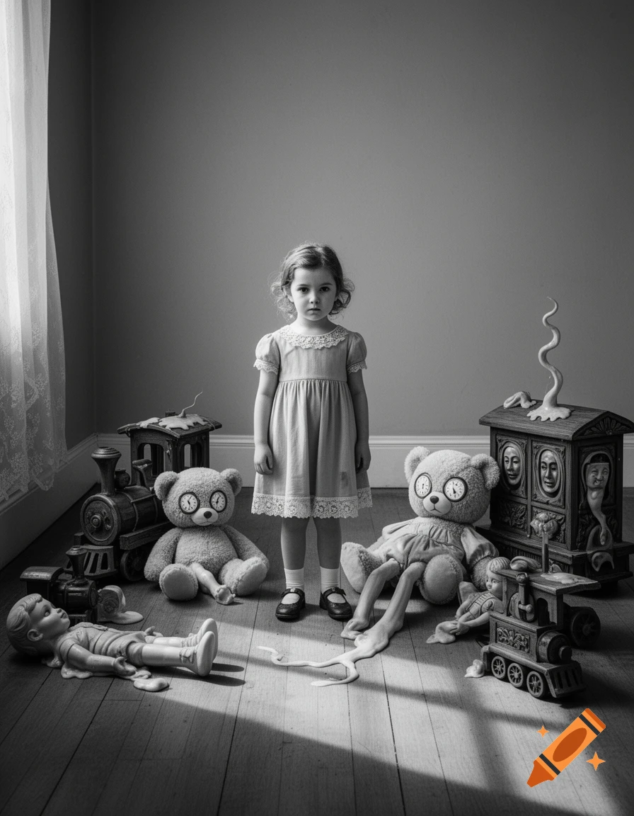 A black and white photo of a young girl standing still, surrounded by surreal, melted toys and a train in a minimalist room.