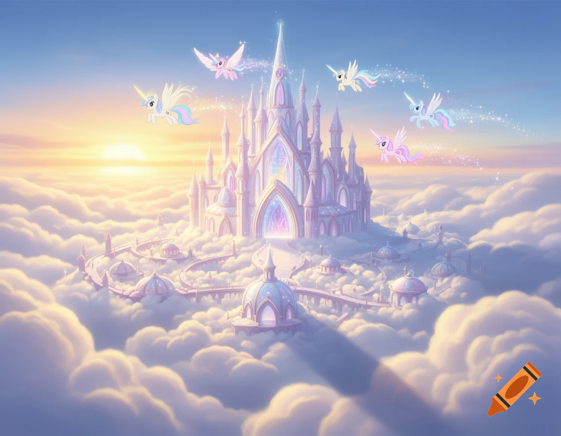 A pastel fantasy castle and city float on clouds at sunset, with several winged ponies flying, in an animated style.