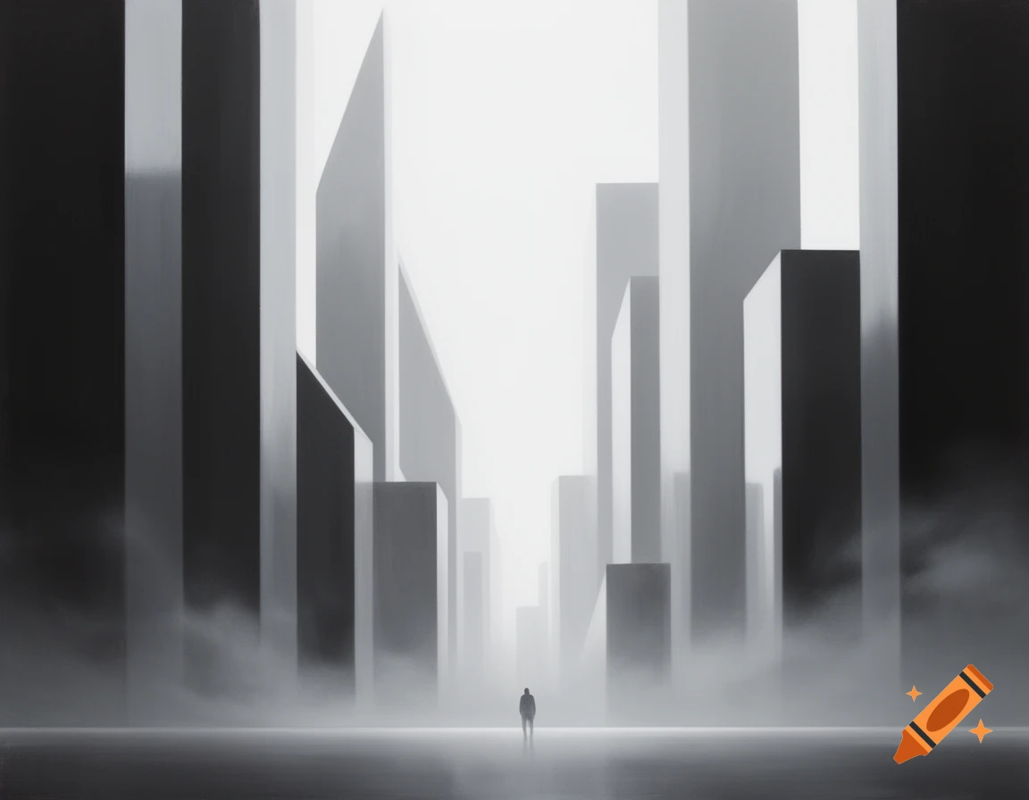 A lone figure stands in a misty, minimalist black and white cityscape with towering abstract buildings.