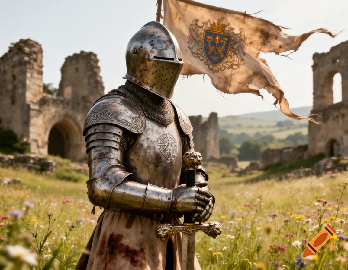 A knight in worn, battle-hardened armor stands in a wildflower field, holding a sword and a tattered flag with a crest, ruined castle behind.