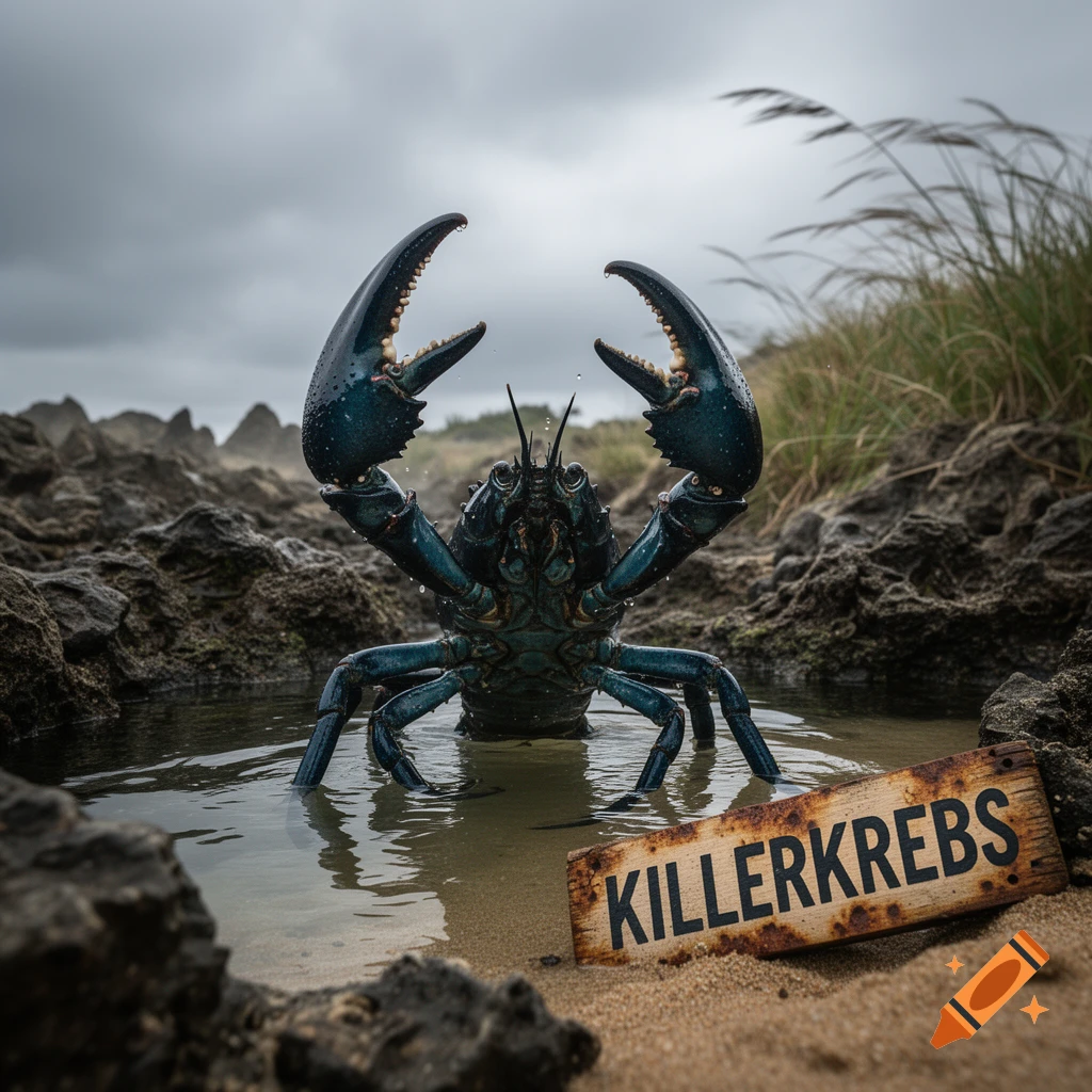 A large, dark blue monstrous crab with raised claws stands in water on ...